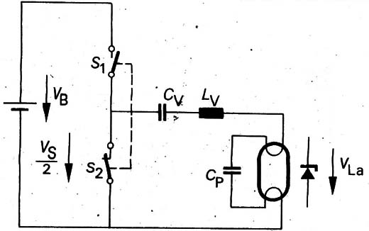 Diagrama de circuito básico de una etapa de encendido típica para lámparas fluorescentes (los transistores de encendido son dibujados como llaves interruptoras)
