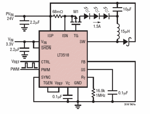 Figura 1 - Controlador de LED de 2,3 A utilizando el LT3518 de Linear Technology.
