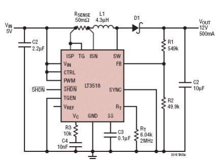 Figura 3 - Convertidor de impulso con salida de 12 V x 500 mA desde la entrada de 5 V.
