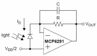 Figura 9 - Amplificador para foto-diodo con el amplificador operacional MCP6291 de Microchip.
