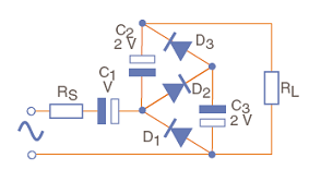 Figura 5 - Triplicador de tensión en cascada. Se utilizan 3 diodos 3 3 capacitores. Valen las mismas especificaciones del primer circuito.
