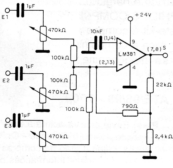 Figura 2 - Mezclador de 3 entradas con el LM381

