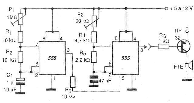 Figura 10 - Una sirena modulada en frecuencia utilizando dos circuitos integrados 555.
