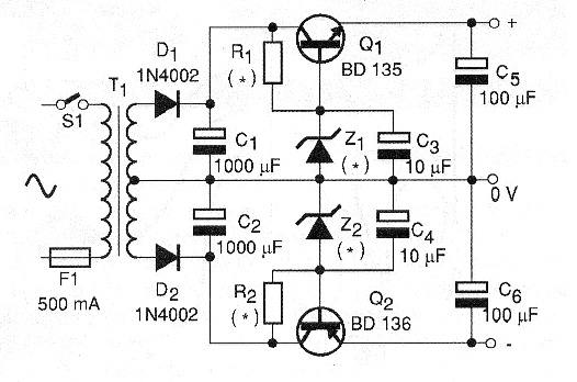 Figura 4 - El uso de transistores permite obtener corrientes mayores de salida con regulación por los diodos zener.
