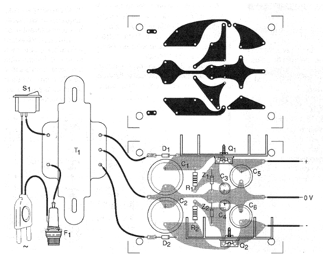 Figura 5 - Placa de circuito impreso para el montaje de la fuente. El patrón puede ser incorporado a un proyecto mayor que ya tenga los elementos que la fuente debe alimentar. Las conexiones cortas son importantes en el caso de circuitos sometidos a ruidos.
