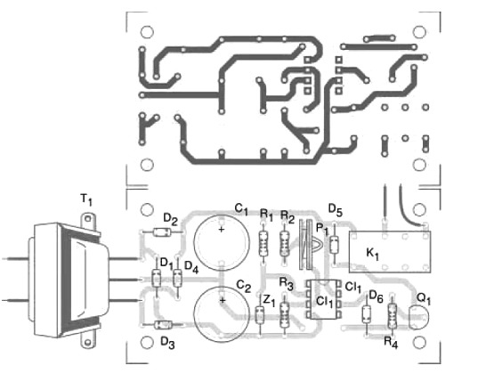 Figura 4 - Placa de circuito impreso para el montaje, utilizando un relé con base DIL. Para otros tipos, el diseño debe cambiar.
