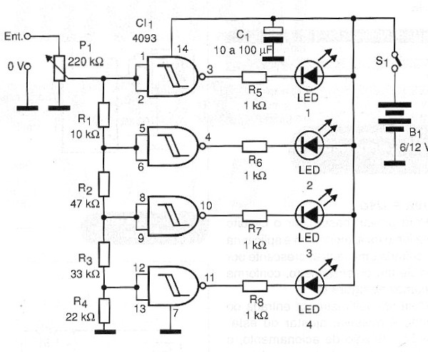 Figura 2 - Diagrama completo del Bargraph con 4 LED. Se pueden conectar más LEDs, añadiéndose integrados.
