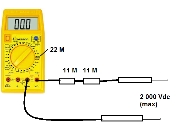 Figura 3 - Multiplicando por 2 la escala de tensión de un multímetro de 22 M con 1 000 V de fondo, para 2 000 V de fondo de escala.
