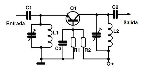Figura 38 - Amplificador en placa común, con entrada y salida sintonizada
