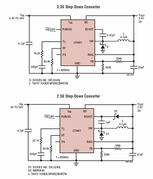 Figura 2 - Circuitos con salidas de 3,3 V y 2,5 V empleando el LT3481.
