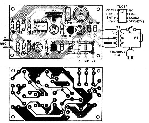Placa de circuito impresso y pins del TL081
