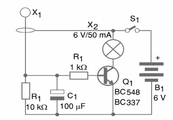 Figura 1 - La luz de freno utiliza sólo un transistor y puede controlar una lámpara o un LED
Figura 1 - La luz de freno utiliza sólo un transistor y puede controlar una lámpara o un LED