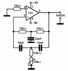 Oscilador doble T de 1 kHz con 741 
