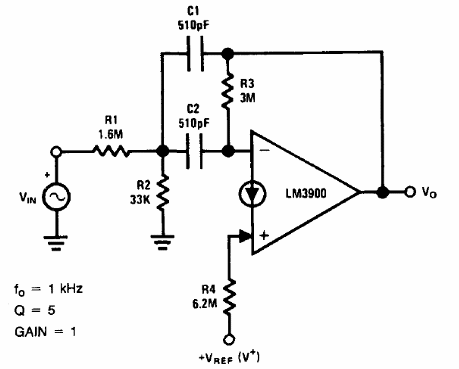 Filtro de paso de band de 1 kHz con LM3900 
