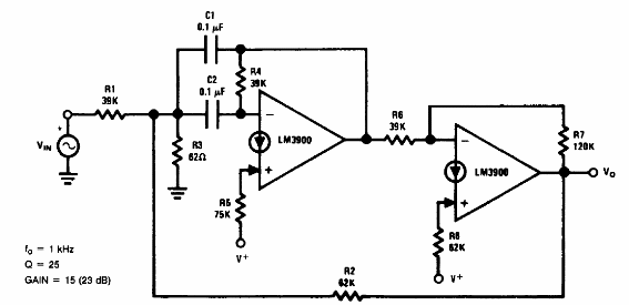 Filtro pasa banda de 1 kHz con dos LM3900 
