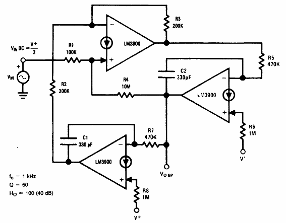 Filtro de paso de banda bi-cuádruple de 1 kHz con LM3900 
