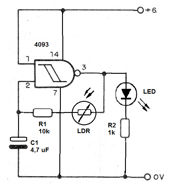 Figura 1 - Circuito del intermitente con LED usando el 4093
