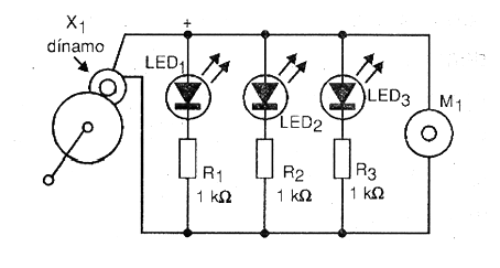 Figura 1 - Diagrama del experimento para accionamiento de 3 LED y un motor (M1)
